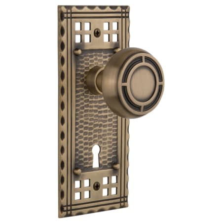 Nostalgic Warehouse Mission Solid Brass Privacy Door Knob Set with Long Craftsman Plate, Keyhole and 2-3/4" Backset Antique Brass