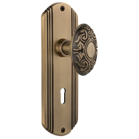 Nostalgic Warehouse Vintage Victorian Solid Brass Privacy Door Knob Set with Art Deco Plate, Keyhole and 2-3/4" Backset Antique Brass