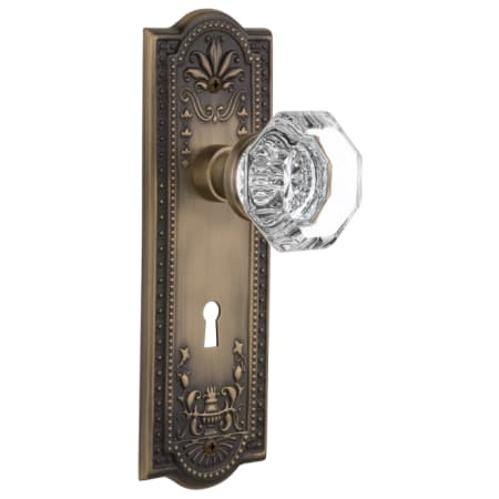 Nostalgic Warehouse Vintage Waldorf Gem Cut Octagon Crystal Privacy Door Knob Set with Solid Brass Meadows Rose, Keyhole and 2-3/4" Backset Antique Brass