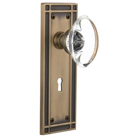 Nostalgic Warehouse Vintage Oval Egg Style Crystal Privacy Door Knob Set with Solid Brass Mission Style Long Plate, Keyhole and 2-3/4" Backset Antique Brass