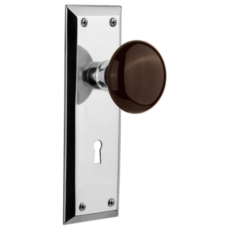 Nostalgic Warehouse Brown Porcelain Solid Brass Privacy Door Knob Set with New York Rose, Keyhole and 2-3/4" Backset Bright Chrome