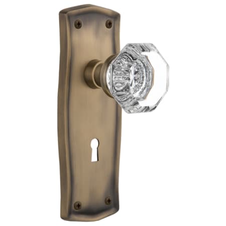 Nostalgic Warehouse Vintage Waldorf Gem Cut Crystal Privacy Door Knob Set with Solid Brass Prairie Backplate, Keyhole and 2-3/4" Backset Antique Brass