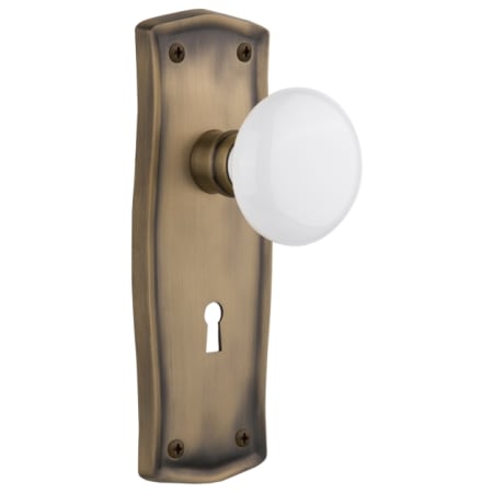 Nostalgic Warehouse Vintage Farmhouse White Porcelain Privacy Door Knob Set with Solid Brass Backplate, Keyhole and 2-3/4" Backset Antique Brass