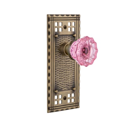 Nostalgic Warehouse Craftsman Solid Brass Rose Passage Door Knob Set with Pink Crystal Knob and 2-3/8" Backset Antique Brass