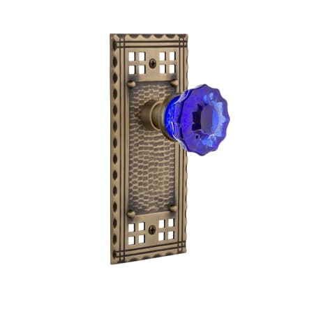 Nostalgic Warehouse Craftsman Solid Brass Rose Passage Door Knob Set with Cobalt Crystal Knob and 2-3/8" Backset Antique Brass