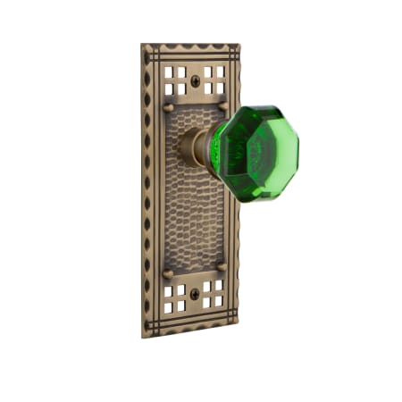 Nostalgic Warehouse Craftsman Solid Brass Rose Passage Door Knob Set with Emerald Waldorf Knob and 2-3/8" Backset Antique Brass