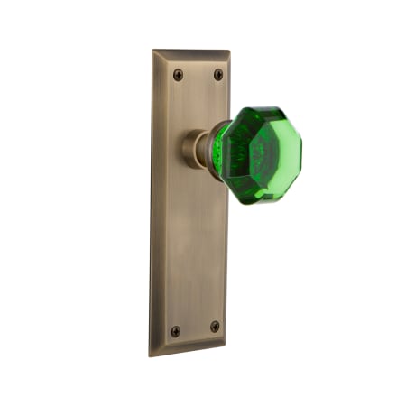 Nostalgic Warehouse New York Solid Brass Rose Passage Door Knob Set with Emerald Waldorf Knob for 2-3/8" Backset Antique Brass