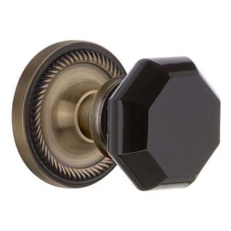 Nostalgic Warehouse Rope Solid Brass Rose Passage Door Knob Set with Black Waldorf Knob and 2-3/8" Backset Antique Brass