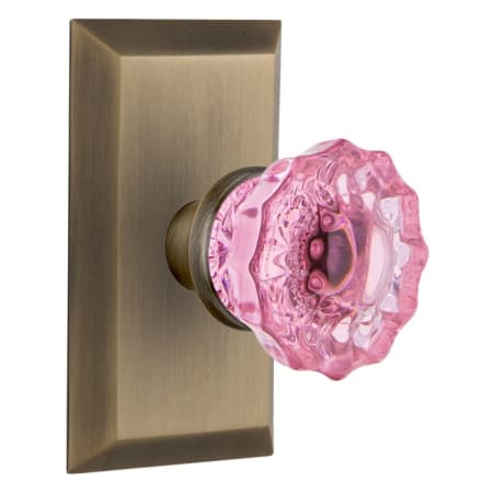 Nostalgic Warehouse Studio Solid Brass Rose Passage Door Knob Set with Pink Crystal Knob and 2-3/8" Backset Antique Brass