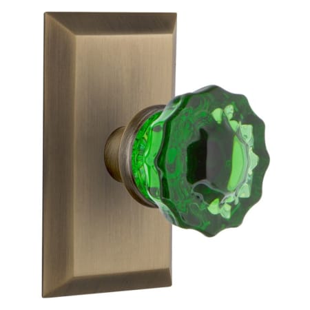 Nostalgic Warehouse Studio Solid Brass Rose Passage Door Knob Set with Emerald Crystal Knob and 2-3/4" Backset Antique Brass