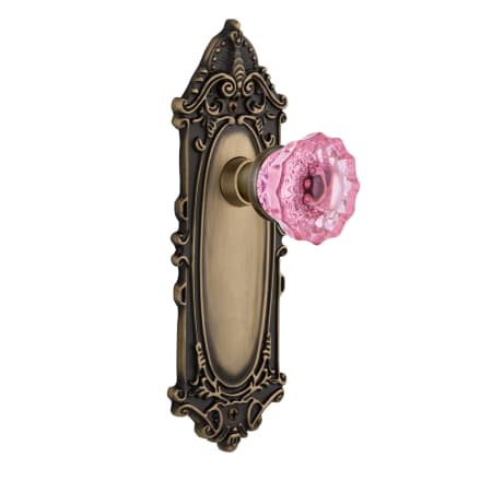 Nostalgic Warehouse Victorian Rose Passage Door Knob Set with Pink Crystal Knob for 2-3/8" Backset Antique Brass