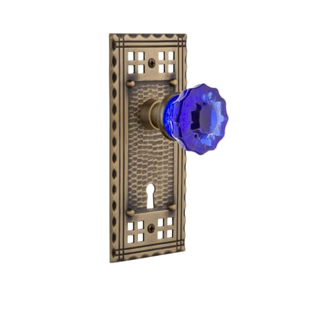 Nostalgic Warehouse Craftsman Solid Brass Rose Passage Door Knob Set with Cobalt Crystal Knob and Keyhole for 2-3/4" Backset Antique Brass