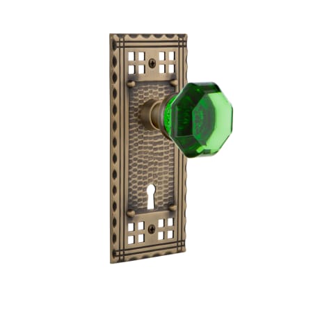Nostalgic Warehouse Craftsman Solid Brass Rose Passage Door Knob Set with Emerald Waldorf Knob and Keyhole for 2-3/4" Backset Antique Brass