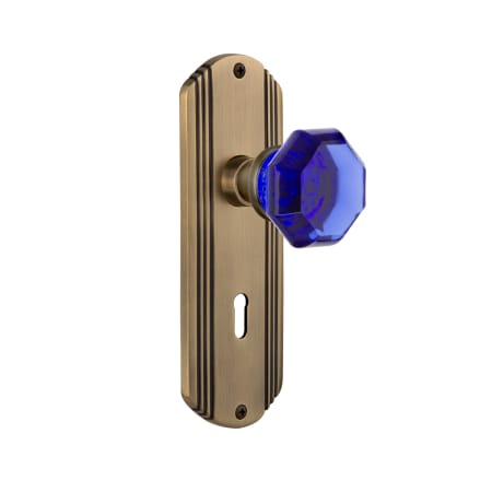 Nostalgic Warehouse Deco Solid Brass Rose Passage Door Knob Set with Cobalt Waldorf Knob and Decorative Keyhole for 2-3/4" Backset Antique Brass