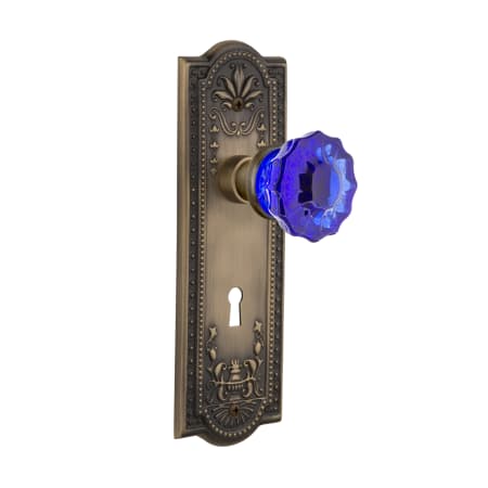 Nostalgic Warehouse Meadows Solid Brass Rose Passage Door Knob Set with Cobalt Crystal Door Knob and Decorative Keyhole for 2-3/8" Backset Antique Brass