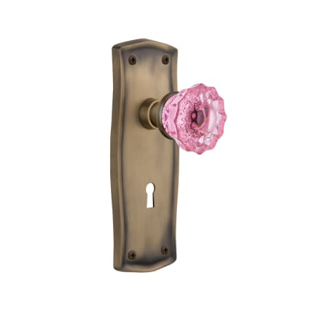 Nostalgic Warehouse Prairie Solid Brass Rose Passage Door Knob Set with Pink Crystal Knob and Decorative Keyhole for 2-3/8" Backset Antique Brass