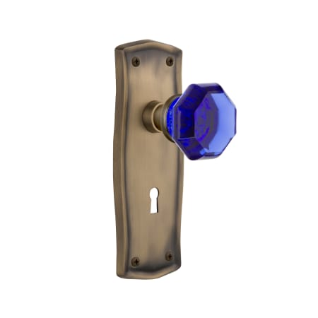 Nostalgic Warehouse Prairie Solid Brass Rose Passage Door Knob Set with Cobalt Waldorf Knob and Decorative Keyhole for 2-3/8" Backset Antique Brass