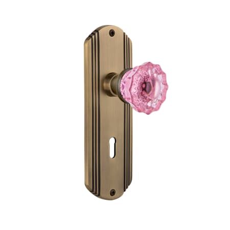 Nostalgic Warehouse Deco Solid Brass Rose Single Dummy Door Knob with Pink Crystal Knob and Decorative Keyhole Antique Brass