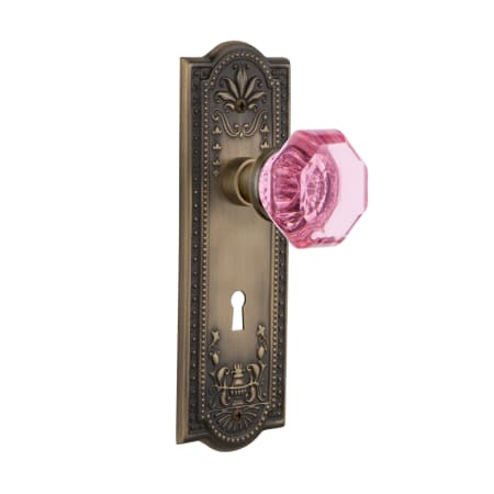 Nostalgic Warehouse Meadows Solid Brass Rose Single Dummy Door Knob with Pink Waldorf Knob and Decorative Keyhole Antique Brass