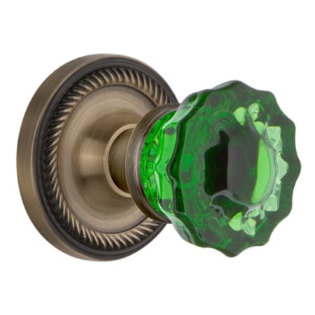 Nostalgic Warehouse Rope Solid Brass Rose Dummy Door Knob Set with Emerald Crystal Knob Antique Brass