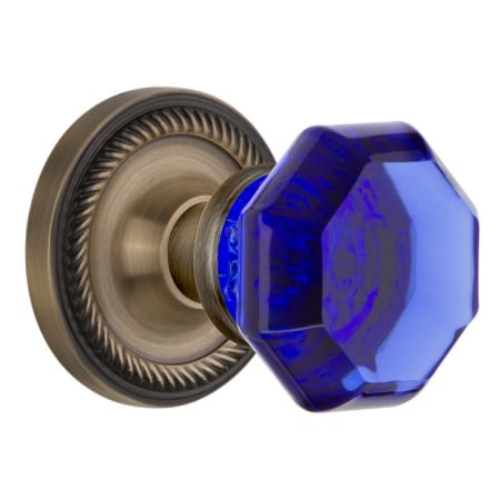 Nostalgic Warehouse Rope Solid Brass Rose Dummy Door Knob Set with Cobalt Waldorf Knob Antique Brass
