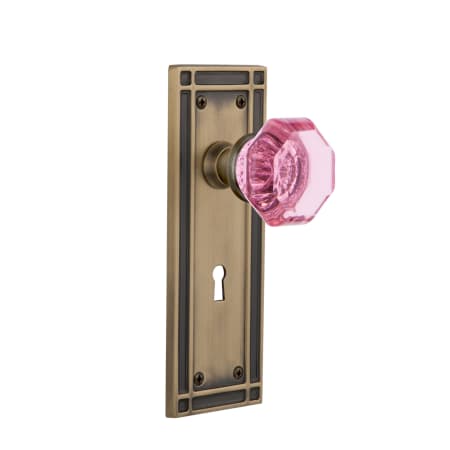 Nostalgic Warehouse Mission Solid Brass Rose Dummy Door Knob Set with Pink Waldorf Knob and Decorative Keyhole Antique Brass