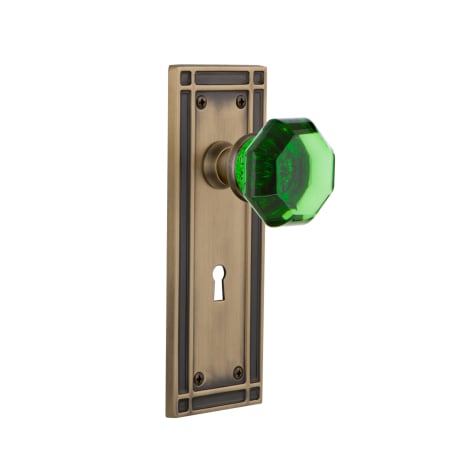 Nostalgic Warehouse Mission Solid Brass Rose Dummy Door Knob Set with Emerald Waldorf Knob and Decorative Keyhole Antique Brass