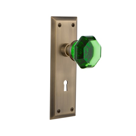 Nostalgic Warehouse New York Solid Brass Rose Dummy Door Knob Set with Emerald Waldorf Knob and Decorative Keyhole Antique Brass