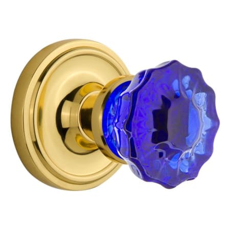 Nostalgic Warehouse Classic Solid Brass Rose Privacy Door Knob Set with Cobalt Crystal Knob and 2-3/8" Backset Unlacquered Brass