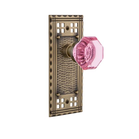 Nostalgic Warehouse Craftsman Solid Brass Rose Privacy Door Knob Set with Pink Waldorf Knob and 2-3/4" Backset Antique Brass