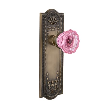 Nostalgic Warehouse Meadows Solid Brass Rose Privacy Door Knob Set with Pink Crystal Door Knob and 2-3/8" Backset Antique Brass
