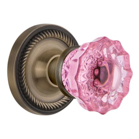 Nostalgic Warehouse Rope Solid Brass Rose Privacy Door Knob Set with Pink Crystal Knob and 2-3/4" Backset Antique Brass