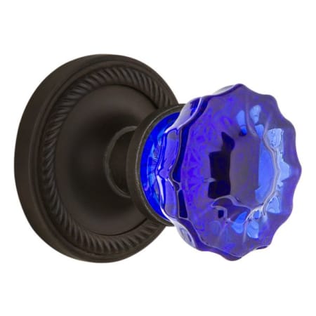 Nostalgic Warehouse Rope Solid Brass Rose Privacy Door Knob Set with Cobalt Crystal Knob and 2-3/4" Backset Oil-Rubbed Bronze