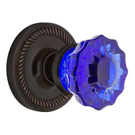 Nostalgic Warehouse Rope Solid Brass Rose Privacy Door Knob Set with Cobalt Crystal Knob and 2-3/8" Backset Timeless Bronze
