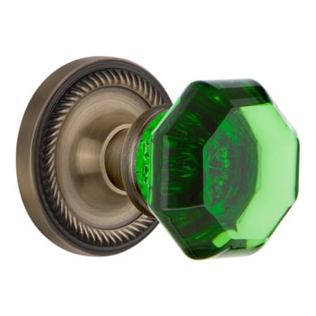 Nostalgic Warehouse Rope Solid Brass Rose Privacy Door Knob Set with Emerald Waldorf Knob and 2-3/8" Backset Antique Brass