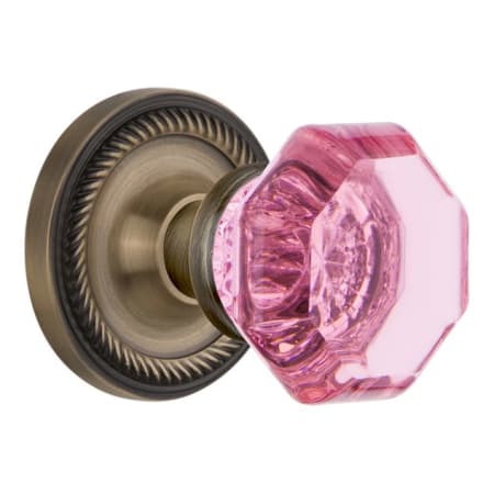 Nostalgic Warehouse Rope Solid Brass Rose Privacy Door Knob Set with Pink Waldorf Knob and 2-3/4" Backset Antique Brass