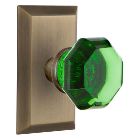 Nostalgic Warehouse Studio Solid Brass Rose Privacy Door Knob Set with Emerald Waldorf Knob and 2-3/8" Backset Antique Brass