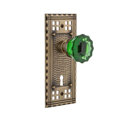 Nostalgic Warehouse Craftsman Solid Brass Rose Privacy Door Knob Set with Emerald Crystal Knob and Keyhole for 2-3/4" Backset Antique Brass