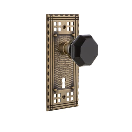 Nostalgic Warehouse Craftsman Solid Brass Rose Privacy Door Knob Set with Black Waldorf Knob and Keyhole for 2-3/8" Backset Antique Brass