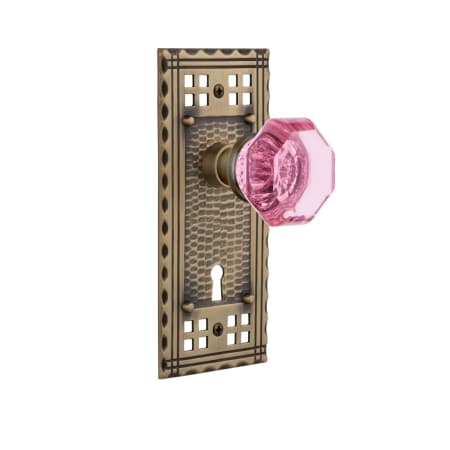 Nostalgic Warehouse Craftsman Solid Brass Rose Privacy Door Knob Set with Pink Waldorf Knob and Keyhole for 2-3/4" Backset Antique Brass