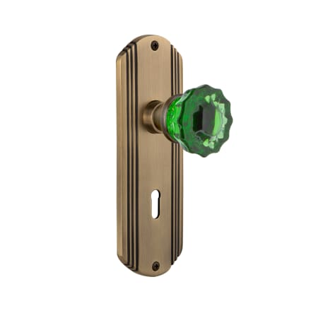 Nostalgic Warehouse Deco Solid Brass Rose Privacy Door Knob Set with Emerald Crystal Knob and Decorative Keyhole for 2-3/8" Backset Antique Brass