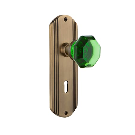 Nostalgic Warehouse Deco Solid Brass Rose Privacy Door Knob Set with Emerald Waldorf Knob and Decorative Keyhole for 2-3/8" Backset Antique Brass