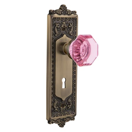 Nostalgic Warehouse Egg and Dart Solid Brass Rose Privacy Door Knob Set with Pink Waldorf Knob and Decorative Keyhole for 2-3/8" Backset Antique Brass