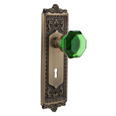 Nostalgic Warehouse Egg and Dart Solid Brass Rose Privacy Door Knob Set with Emerald Waldorf Knob and Decorative Keyhole for 2-3/8" Backset Antique Brass