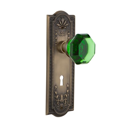 Nostalgic Warehouse Meadows Solid Brass Rose Privacy Door Knob Set with Emerald Waldorf Door Knob and Decorative Keyhole for 2-3/4" Backset Antique Brass