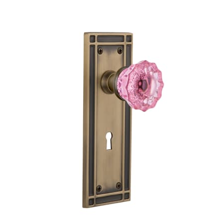 Nostalgic Warehouse Mission Solid Brass Rose Privacy Door Knob Set with Pink Crystal Knob and Decorative Keyhole for 2-3/8" Backset Antique Brass
