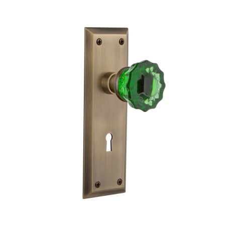 Nostalgic Warehouse New York Solid Brass Rose Privacy Door Knob Set with Emerald Crystal Knob and Decorative Keyhole for 2-3/4" Backset Antique Brass