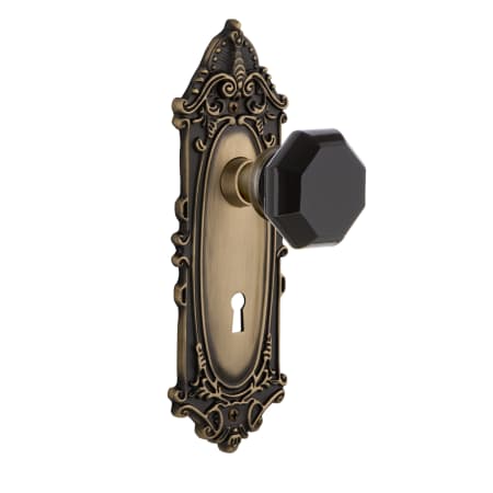 Nostalgic Warehouse Victorian Rose Privacy Door Knob Set with Black Waldorf Knob and Decorative Skeleton Keyhole for 2-3/8" Backset Antique Brass