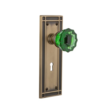 Nostalgic Warehouse Mission Solid Brass Rose Vintage Retrofit Entry Door Knob Set with Emerald Crystal Knob and Skeleton Key Antique Brass