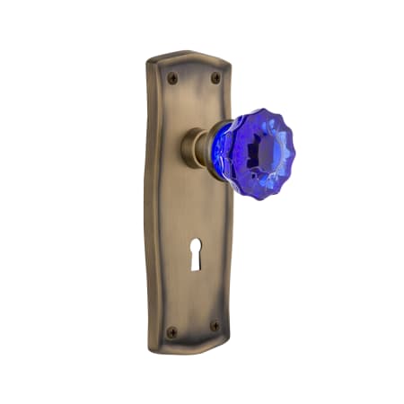 Nostalgic Warehouse Prairie Solid Brass Rose Vintage Retrofit Entry Door Knob Set with Cobalt Crystal Knob and Skeleton Key Antique Brass